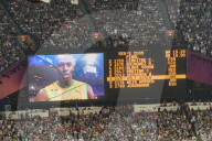 Stadium big screen shows Usain Bolt and finalists' names before Men's 200m final, London 2012, Olympic Games, London, England, United Kingdom, Europe