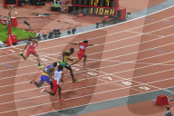 Aries Merritt, United States, crosses finish line, Men's 110m hurdles final, Stadium, London 2012, Olympic Games, London, England, United Kingdom, Europe