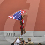 Allyson Felix, United States, celebrates with flag after winning Women's 200m, Stadium, London 2012, Olympic Games, London, England, United Kingdom, Europe