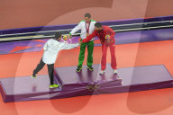 Victory ceremony of Men's 1500m, medalists shake hands, London 2012, Summer Olympic Games, London, England, United Kingdom, Europe