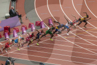 Competitors in Men's 110m hurdles semi-final leave starting blocks, London 2012 Stadium, Summer Olympic Games, London, England, United Kingdom, Europe