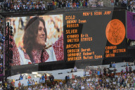 Stadium big screen shows winner of Men's high jump and medal positions, victory ceremony, London 2012, Olympic Games, London, England, United Kingdom, Europe