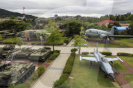 Elevated view of tanks and aircraft, outdoor exhibits at War Memorial of Korea Museum, Yongsan-Gu, Seoul, South Korea, Asia