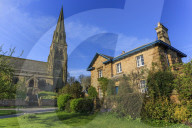 St. Peter's Church and house on Village Green, Edensor, Chatsworth Estate, home of Duke of Devonshire, Derbyshire, England, United Kingdom, Europe