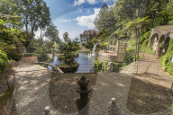 Lake and distant sea view, Monte Palace Tropical Garden (Jardim Tropical), famous garden, Monte, Funchal, Madeira, Portugal, Europe