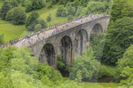 Monsal Trail, crowded with cyclists, former rail line viaduct over Monsal Dale at Monsal Head, Peak District, Derbyshire, England, United Kingdom, Europe