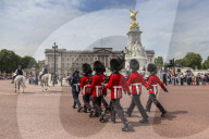 Changing the Guard at Buckingham Palace, New Guard marching, colourful spectacle and British pageantry, London, England, United Kingdom, Europe