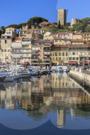 Reflections of boats and Le Suquet, Old (vieux) port, Cannes, Cote d'Azur, Alpes Maritime, Provence, France