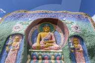 Colourful exterior Buddha artwork, Aryapaia Buddhist monastery, Terelj National Park, Central Mongolia