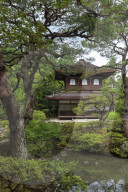 Ginkaku-ji (Silver Pavillion), classical Japanese temple and garden; main hall, pond and leafy trees; Summer, Kyoto, Japan