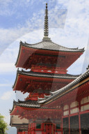 Vermillion three storey pagoda, Kiyomizu-dera entrance, Buddhist temple, Summer, Southern Higashiyama, Kyoto, Japan
