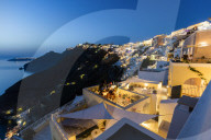 View of the Aegean Sea from the typical Greek village of Firostefani at dusk Santorini Cyclades Greece Europe