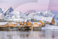 The colors of dawn frame the fishermen's houses surrounded by frozen sea, Sakrisoy, Reine, Nordland, Lofoten Islands, Arctic, Norway, Scandinavia, Europe