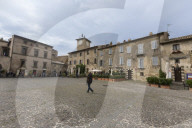 Old buildings and bell tower in the ancient pedestrian square, Orvieto, Terni Province, Umbria, Italy, Europe