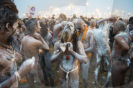 Sadhus after bathing on the holiest day of the decade at the Maha Kumbh Mela