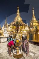 Water offering at Tuesday Corner statue, Shwedagon Paya, Yangon (Rangoon), Myanmar (Burma), Asia