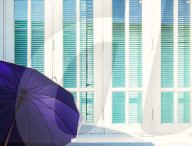 Abstract of purple parasol and cyan window shutters, Naypyitaw, Myanmar (Burma), Asia