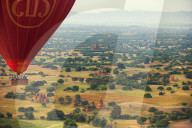 Hot air balloons over the ancient city of Bagan where more than 2200 ancient temples remain of the original 10000, Bagan (Pagan), Myanmar (Burma), Asia