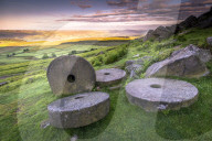 Stanage Edge millstones at sunrise, Peak District National Park, Derbyshire, England, United Kingdom, Europe