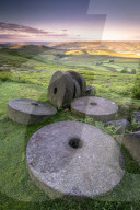 Stanage Edge millstones at sunrise, Peak District National Park, Derbyshire, England, United Kingdom, Europe