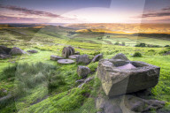 View over Stanage Edge millstones at sunrise, Peak District National Park, Derbyshire, England, United Kingdom, Europe