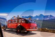 Vintage Tour bus on the Sun Road, Glacier National Park, Montana