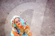 Traditional Radha dance during the Flower Holi Festival, Vrindavan, India