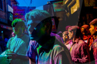 Men covered in pigment, Pigment throwing Holi Festival, Vrindavan, India