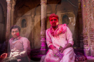 Man covered in red pigment, Holi Festival, Vrindavan, India