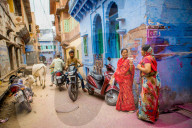 Typical Street scene in the blue streets of Jodhpur, the Blue City, Rajasthan, India