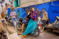 Woman standing in the blue streets of Jodhpur, the Blue City, Rajasthan, India