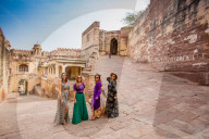 Tourists standing in the main gate of Mehrangarh Fort in Jodhpur, the Blue City, Rajasthan, India