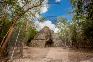 Pyramid in the Ancient Mayan ruins of Coba, outside of Tulum, Mexico, North America