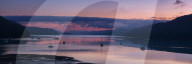 Panorama of Queen Charlotte Sound at dawn with the pink sky and anchored boats reflected in the still water around Okiwa Bay, Marlborough, South Island, New Zealand, Pacific