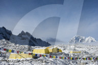 Everest base camp at the end of the Khumbu glacier lies at 5350m in Nepal