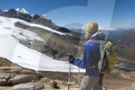 Admiring the view from the top of the Kagmara La, the highest point in the Kagmara Valley at 5115m in Dolpa, Himalayas, Nepal, Asia