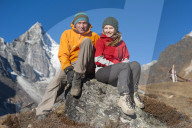 Trekkers enroute to Everest base camp in Nepal take a break