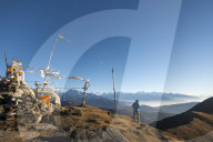 Summit of Pikey Peak with prayer flags, Edmund Hillary's favourite view of Everest, Makulu and Kanchenjunga visible, Himalayas, Nepal, Asia