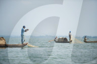 Fishing boats on Kaptai lake in the Chittagong Hill Tracts in Bangladesh
