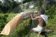 A man from Rangamati makes a traditional style dugout canoe in Bangladesh