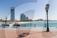 View from the Breakwater towards Abu Dhabi Oil Company HQ and Etihad Towers, Abu Dhabi, United Arab Emirates, Middle East