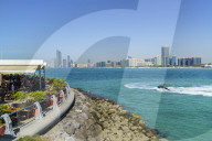View from the Breakwater to the city skyline across the Gulf, Abu Dhabi, United Arab Emirates, Middle East