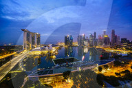 The towers of the Central Business District and Marina Bay by night, Singapore, Southeast Asia, Asia
