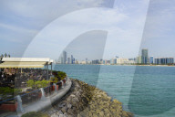 Restaurant overlooking the skyline across the Gulf, Abu Dhabi, United Arab Emirates, Middle East