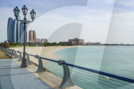 View from the Breakwater towards Etihad Towers and Emirates Palace Hotel and beach, Abu Dhabi, United Arab Emirates, Middle East