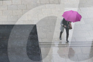 Woman with umbrella and mobile phone walking up steps to Auckland Art Gallery, Auckland, New Zealand