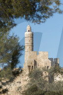Tower of David through trees. Jerusalem Old City. Israel.
