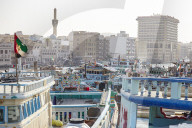 Transport boats lined up at Dubai Creek, Dubai, UAE