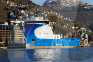 View on the harbour Bergen with oil industry support ship, Hordaland, Norway, Scandinavia
