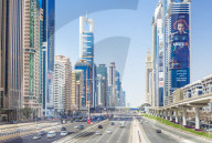 Sheikh Zayed Road traffic and Dubai skyline, Dubai City, United Arab Emirates, Middle East